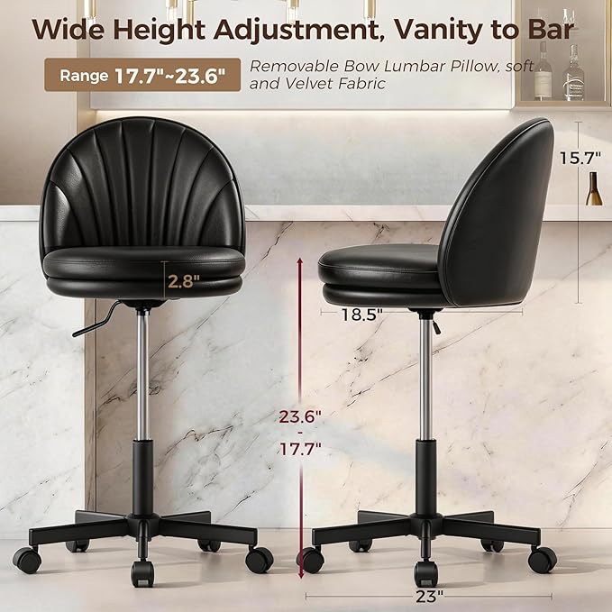 GTPOFFICE Vanity Chair with Back, Adjustable Tall Office Chair High Swivel Bar Stools Fluffy Cute Desk Chair Comfy with Wheels Armlees Counter Height for Adults Standing Desk Bar, Smooth Pu, Black