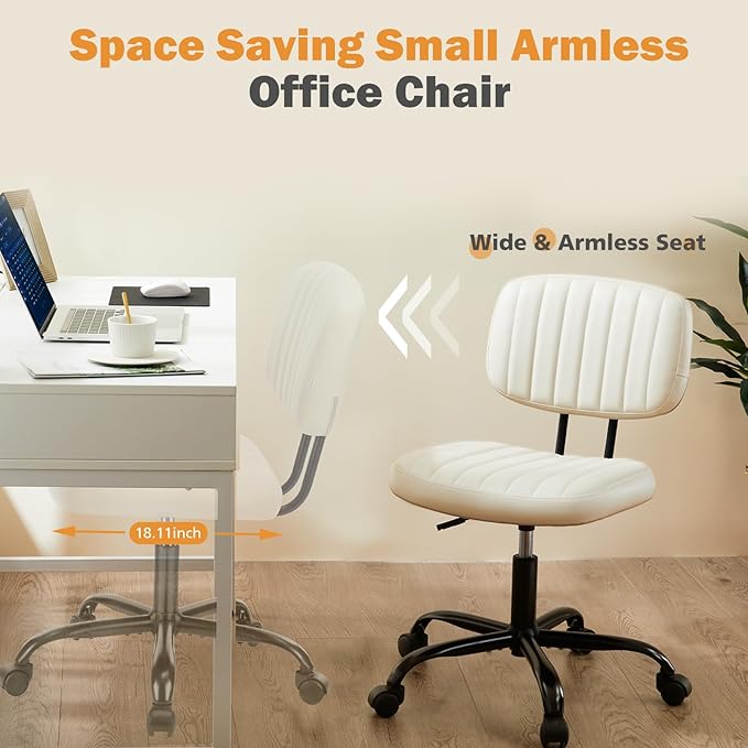 Sweetcrispy Small Office Computer Desk Chair with Wheels and Lumbar Support, Comfy Cute Armlees PU Leather Vanity Rolling Swuvel Task Chair No Arm for Adult, Student, Crame White