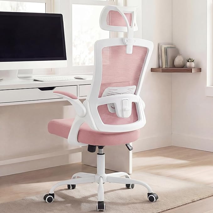 NEO Chair Office Chair High Back Desk Mesh Chair Comfy Computer Gaming Seat with Adjustable Ergonomic Headrest Lumbar Rolling Flip-up Armrests and Wheels (Pink)