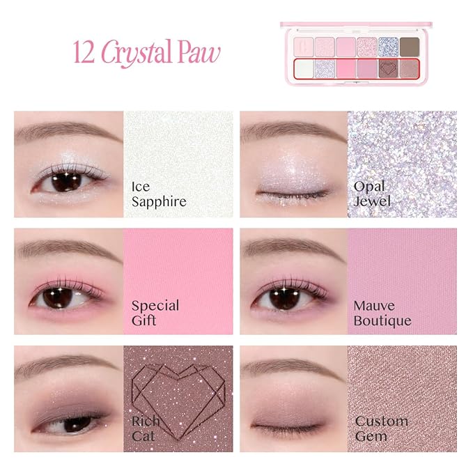 CLIO Pro Eye Palette Air, 12-Color Eye Shadow Palette, Matte Shimmer Mix, Air-Fit Blendable Pigmented Buildable Color, Low Fallout, Cool Light Neutral Tone, Daily Korean Makeup (12 CRYSTAL PAW)