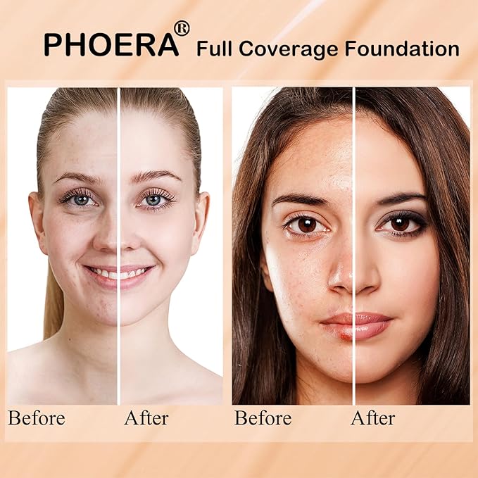 PHOERA Foundation & Primer Set, Full Coverage, Flat Top Kabuki Brushes & 2 Pcs Makeup Sponge (Buff Beige + Sand)