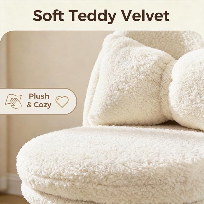 GTPOFFICE Vanity Chair with Back, Adjustable Tall Office Chair High Swivel Bar Stools Fluffy Cute Desk Chair Comfy with Wheels Bow Pillow Armlees for Adults Standing Desk Bar, Teddy Velvet, White