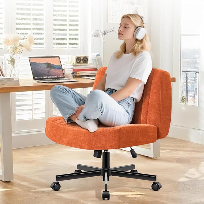 Convertible Base Criss Cross Chair with Pocket Springs & Thicker and Wider Cushions, Armless Legged Office Chair Relieves Back Pain, Swivel Vanity Chair for Living Room/Office, Orange