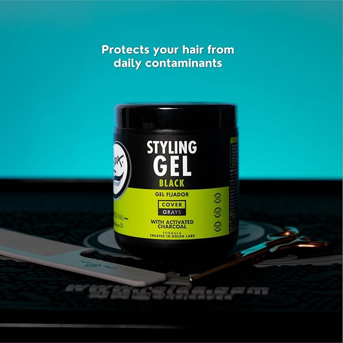 Rolda Black Hair Gel for Men - Medium Hold Styling Gel with Activated Charcoal for Wet Look - Covers Grays & Enhances Black Hair - Flake + Alcohol Free (8.81 oz)