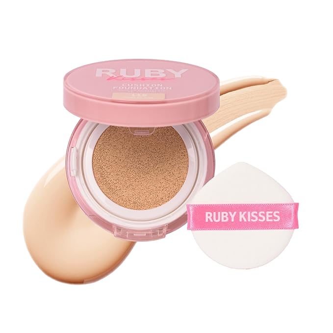 Ruby Kisses Cushion Foundation, Full Coverage Korean Makeup, Lightweight & Long Lasting, All Day Natural Glowy Finish for All Skin Types with Hyaluronic Acid & Bakuchiol (Porcelain, 0.52 Ounce)