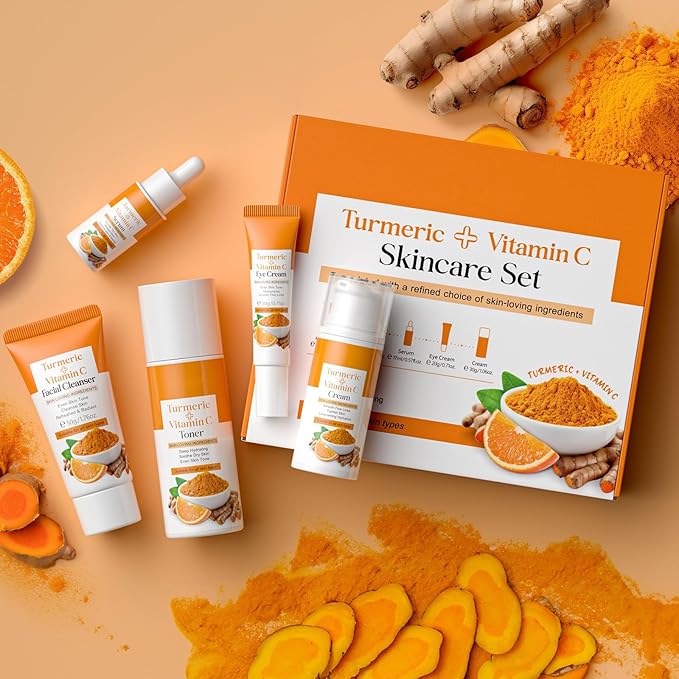 Turmeric Skin Care Set, Turmeric Skin Care Gift Set with Facial Cleanser, Toner, Serum, Eye Cream, Moisturizer, Turmeric Skin Care Kit, Face Cream Travel Kit for Women Teen Girls Mom Daughter Birthday