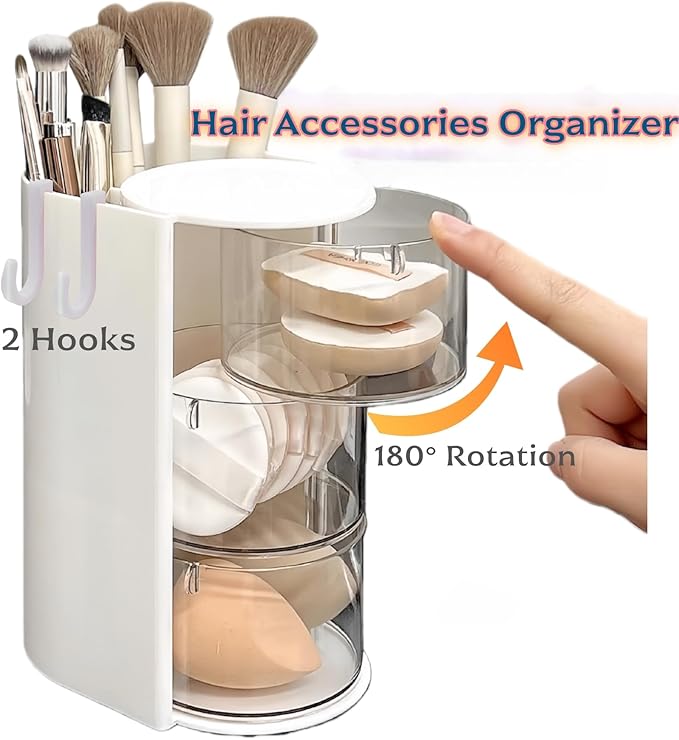 Hair Accessories Organizer With 2 Hooks,Hair Accessory Organizer with Hair Brush Holder For Girls,3-Layer Hair Tie Organizer,Makeup Organizers (Cloud Dancer White)