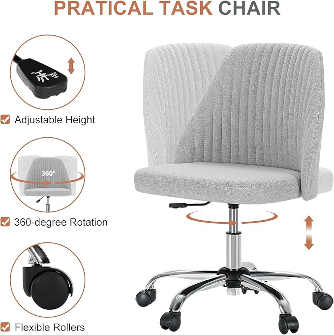 DUMOS Office Chair, Comfy Desk Chair Rolling Vanity Swivel Task Chairs with Wheels, Wide Seating Armless Height Adjustable Computer Chairs for Home,Bedroom,Student,Adults, Dull Gray