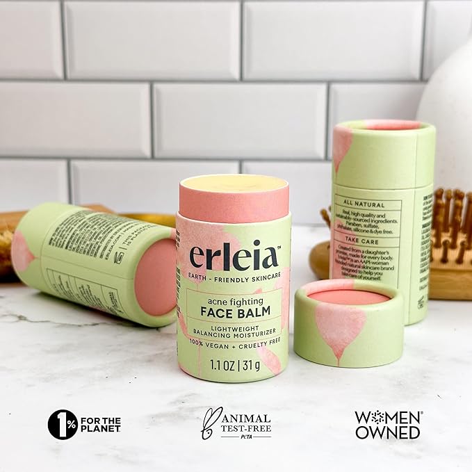 Erleia Solid Face Balm, Facial Moisturizer for Acne-Prone Skin, Vegan Cruelty-Free Plastic-Free, Travel-Friendly Skincare, Sustainably Sourced Ingredients