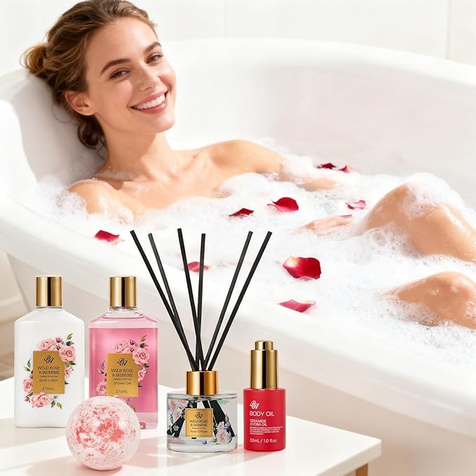 35 Pcs Valentines Day Gift for Women, Red Rose Bath and Body Basket Gift, Face Skin Care Kit, Home Spa Self Care, Lip Gloss, Diffuser, Necklace, Birthday, Christmas, Mother, Bridal Shower, Anniversary