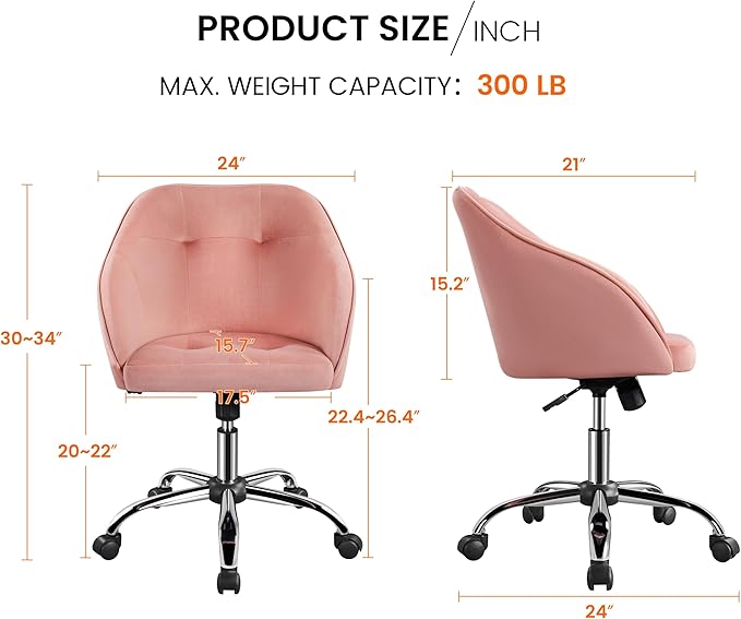 Yaheetech Pink Office Chair Small Cute Vanity Chair with Back Wheels Velvet Swivel Rolling Desk Computer Armchair for Bedroom Living Room
