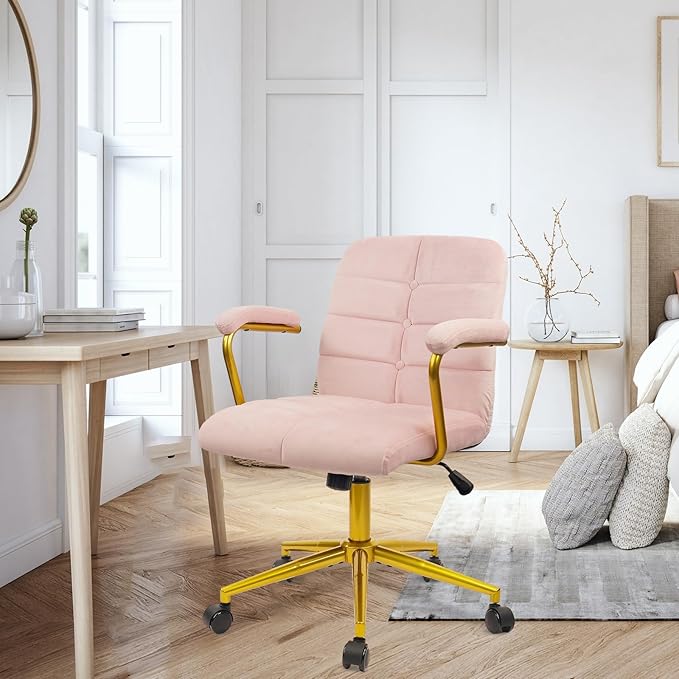 CLATINA Velvet Office Desk Chair with Armrests and Wheels, Modern Upholstered Vanity Chairs with Gold Base, Height Adjustabe Swivel Home Task Chair for Bedroom, Study, Living Room, Work, Pink