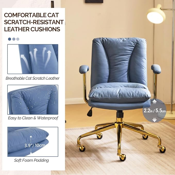 VINGLI Home Office Desk Chair Comfy with Wheels & Armrests,Gold Base Vanity Chair with Back,Adjustable Rolling Swivel Computer Task Chair for Study,Home Office,Cat Scratch PU,Navy Blue