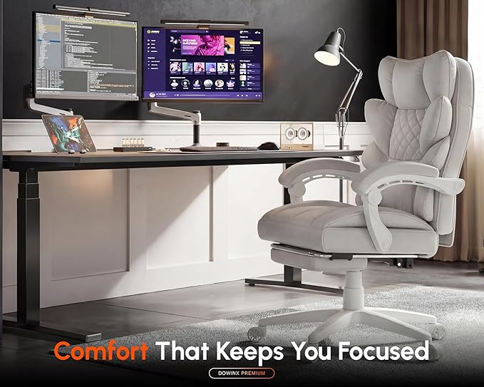 Dowinx Big and Tall Office Chair with Pocket Spring Cushion,High Back Computer Gaming Chairs with Linkage Armrests,Executive Desk Chairs with Footrest,Cloth-White