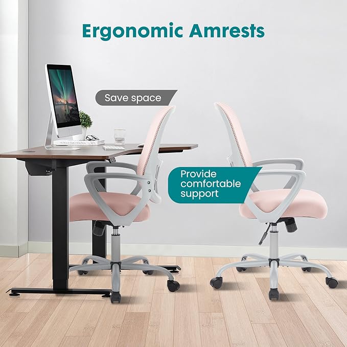 DUMOS Home Office Chair, Mid Back Computer Ergonomic Mesh Desk with Large Seat, Executive Height Adjustable Swivel Task with Lumbar Support and Armrest, for Adults, Pink