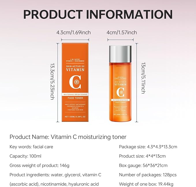 Vitamin C Facial Toner with Niacinamide & Hyaluronic Acid - Hydrating Pore Minimizing Formula for Glowing Skin - Alcohol-Free Brightening Face Toner for Sensitive & Dry Skin (100ml) (2pcs)