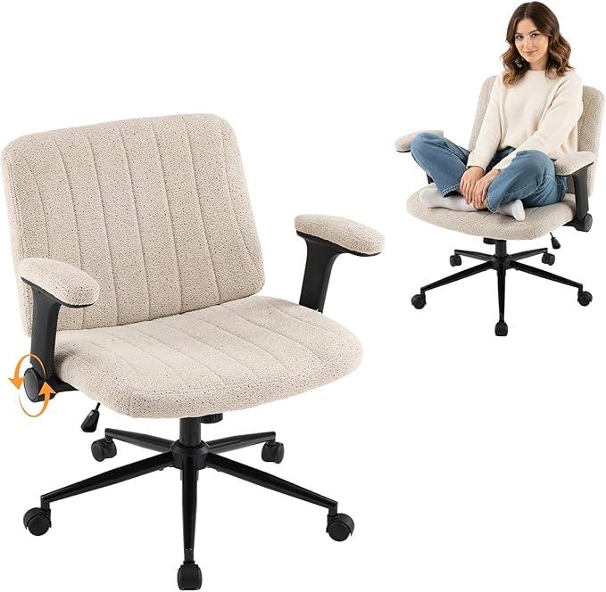 VINGLI Criss Cross Chair with Adjustable Flip-Up Arms,Cross Legged Chair with Wheels,Extra Wide Office Chair,Desk Chair for Home Office,Vanity,Bedroom, Apartment,Starry Chenille,Khaki