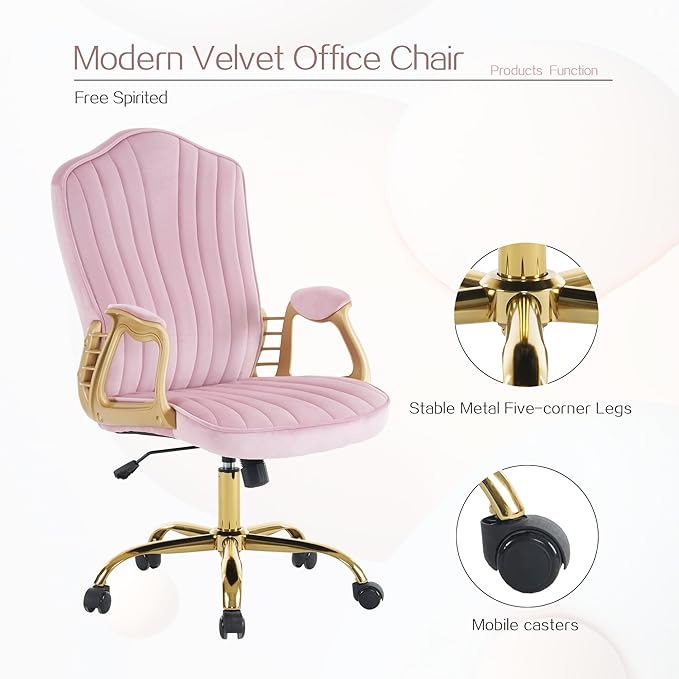 Velvet Home Office Chair with Gold Arms and Legs, Comfortable Upholstered Tufted Swivel Desk Chair Comfy with Wheels for Girls Women Study Bedroom Living Room, Pink