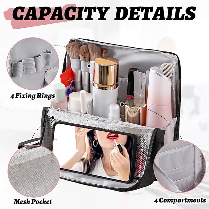 Standing Makeup Bag Organizer with 6 Brush Guards, Large Portable Makeup Organizer Bag for Travel, Stand Up Cosmetic Case with Brush Protectors (Burgundy)