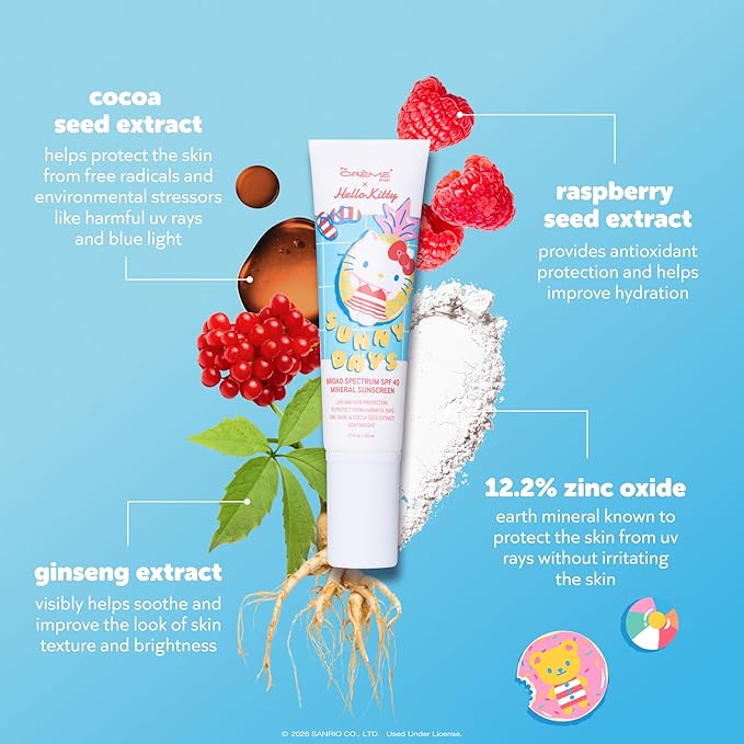 The Crème Shop x Hello Kitty Sunny Days SPF 40 Mineral Sunscreen for Sensitive Skin with Zinc Oxide, UVA/UVB Protection with No White Cast, Korean Skin Care (1.69 Fl Oz)