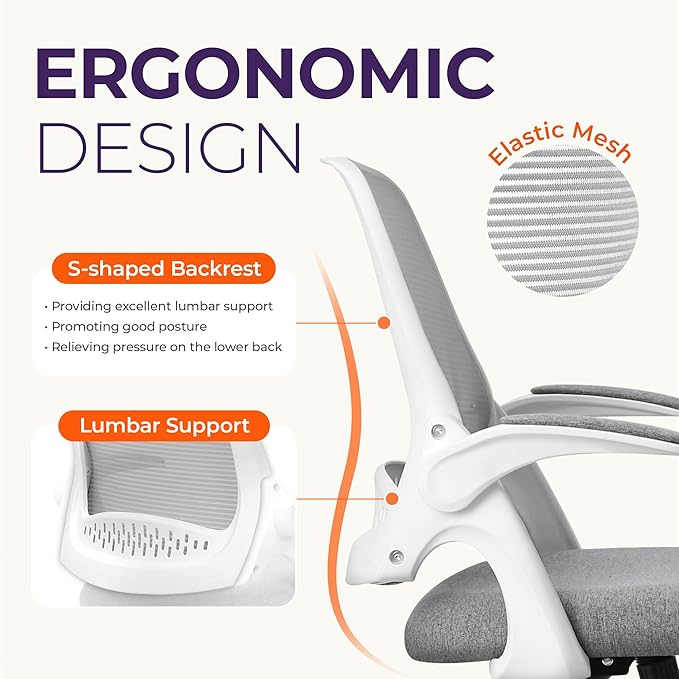 NEO CHAIR Office Desk Computer Gaming Ergonomic Chair with Lumbar Back Support Adjustable Height Swivel Wheels Flip-up Arms Mesh Chair for Home or Office (Grey)