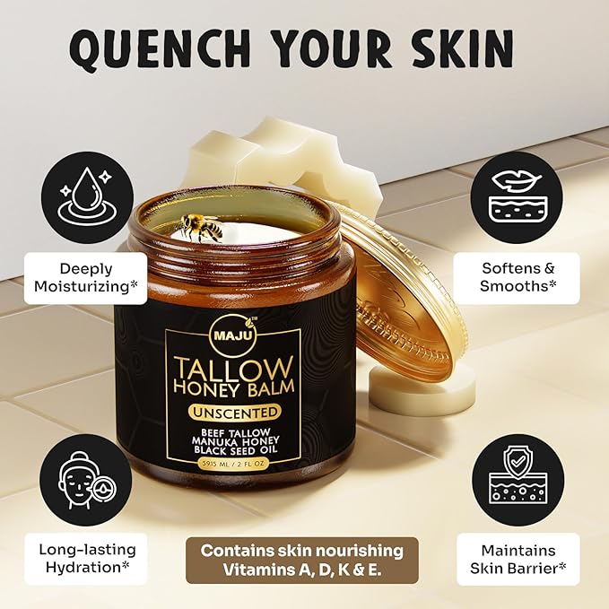 MAJU Beef Tallow Manuka Honey Balm, Unscented (2 oz), Grass-Fed Beef Tallow for Skin with Organic Black Seed Oil, Manuka Honey and Organic Beeswax, Skin and Face Moisturizer for Deep Hydration