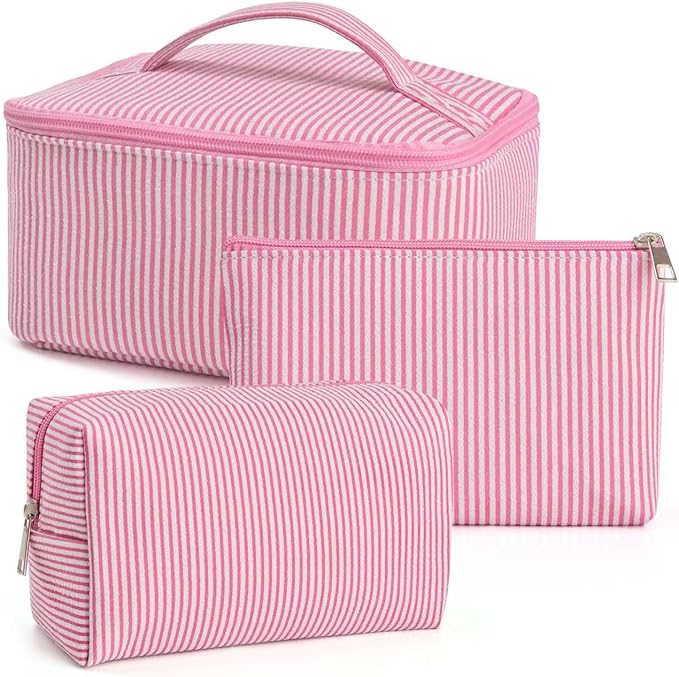 3 Pieces Makeup Bag Set Cute Cosmetic Pouch for Women Seersucker Cosmetic Bag Aesthetic Travel Toiletry Organizer Preppy Small Makeup Purse Pouch Skincare Brushes Storage Organizer for Women (Pink)