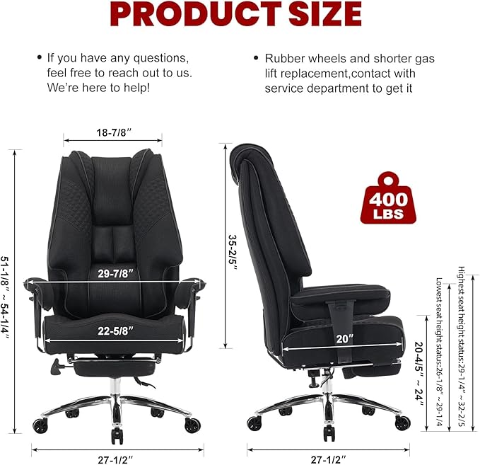 Big and Tall Office Chair 400lbs Wide Seat, Leather High Back Executive Office Chair with Lumbar Support, Ergonomic Chairs Padded Armrests & Thick Cushion (Mesh Dark Black)