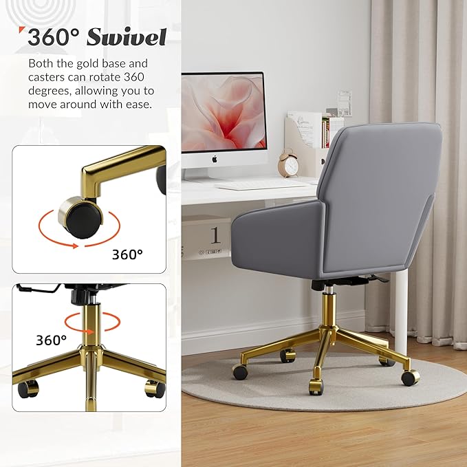 YISHENG Velvet Office Desk Chair with Gold Base, with Wheels,Modern Height Adjustable 360 Degree Swivel Upholstered Vanity Chairs with Arms for Living Room Bedroom，Gray
