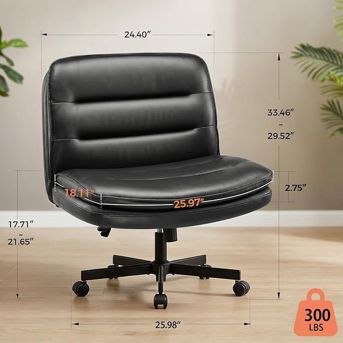 GTPLAYER Cross Legged Office Chair, Armless Desk Chair Cute Vanity Chair with Wheels Computer Chair Comfy Wide Office Chair Adjustable Swivel for Home Computer Task, Pu Light Black