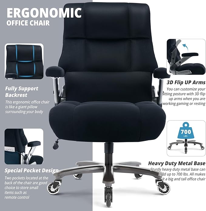 Big and Tall Office Chair 700lbs- Fabric High Back Executive Computer Chair with Adjustable Lumbar Support 3D Flip Arms Plus Size Rubber Wheels- Extra Wide Large Desk Chairs, Heavy Duty Metal Base