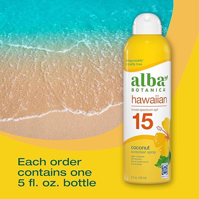 Sunscreen Spray for Face and Body, Broad Spectrum SPF 15 Sunscreen, Hawaiian Coconut, Water Resistant and Biodegradable - Alba's Quality SPF 15 (Pack Of 4)