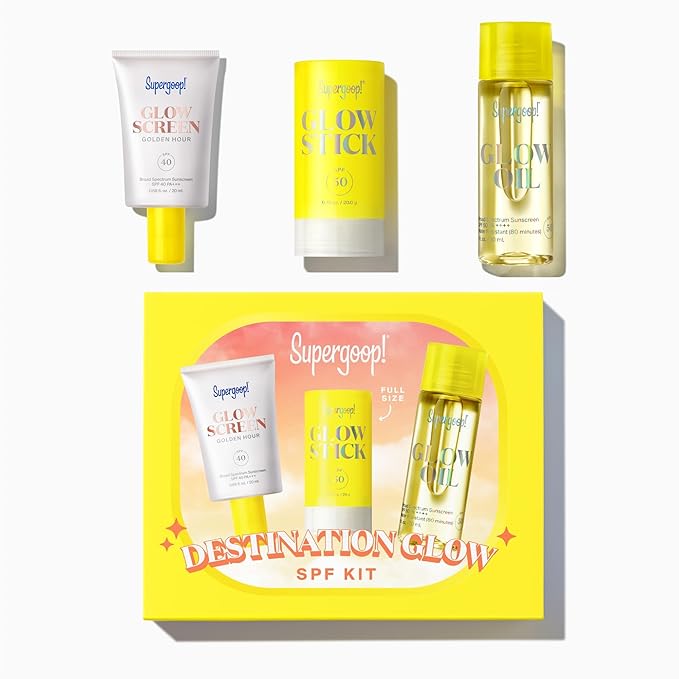 Supergoop! Destination Glow - Includes 3 Travel-Sized Glowy SPF Favorites: Glowscreen SPF 40, Glow Stick SPF 50, and Glow Oil SPF 50