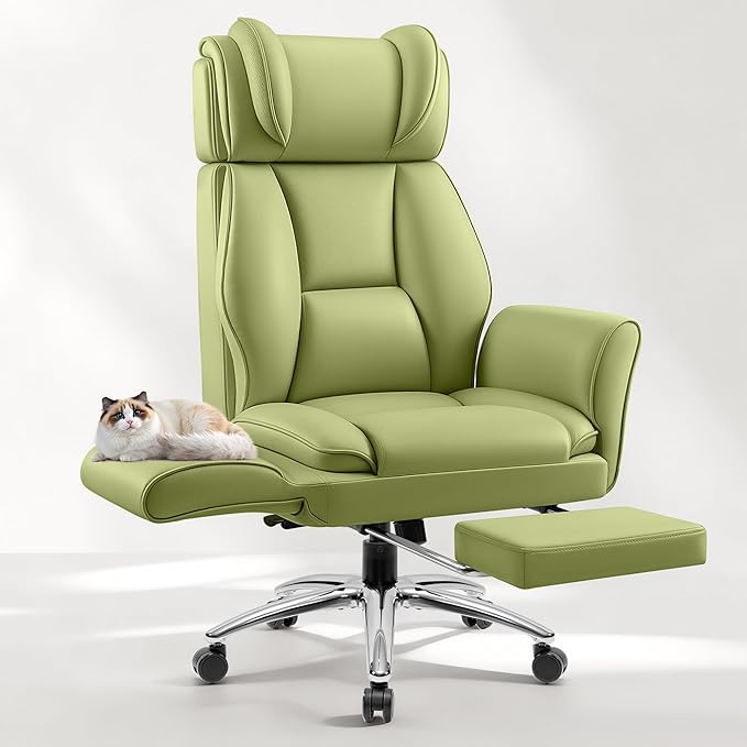 Big and Tall Office Chair, Flip Armrests for Pets & Cross Legged Sitting, Ergonomic Leather Executive Desk Chair with Foot Rest, High-Back Reclining Computer Chairs for Office Home Game - Green