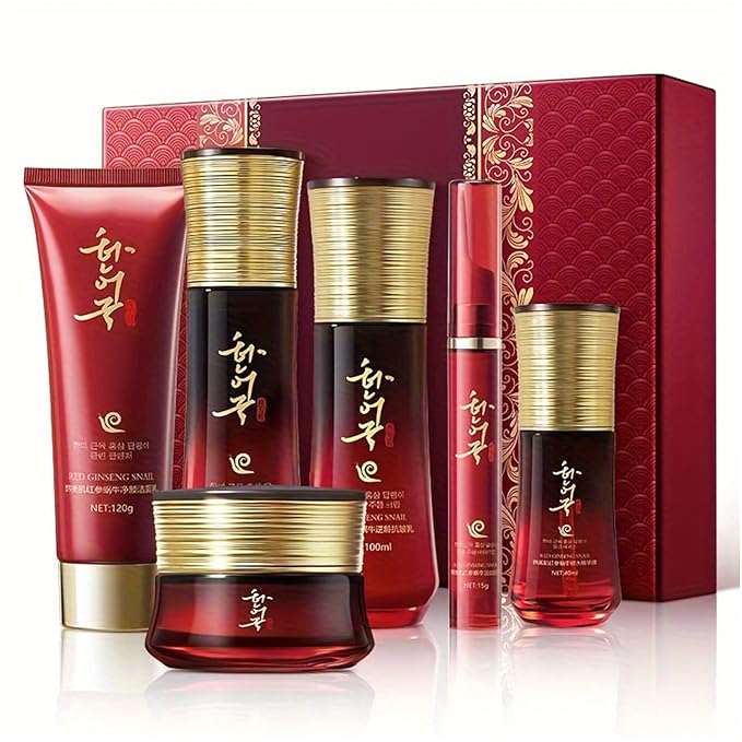 Red Ginseng Snail Skincare Set for Women & Men, 6-Piece Anti-Aging Facial Care Kit with Toner, Emulsion, Essence, Cleanser, Face Cream & Eye Serum – Daily Hydrating Gift Set