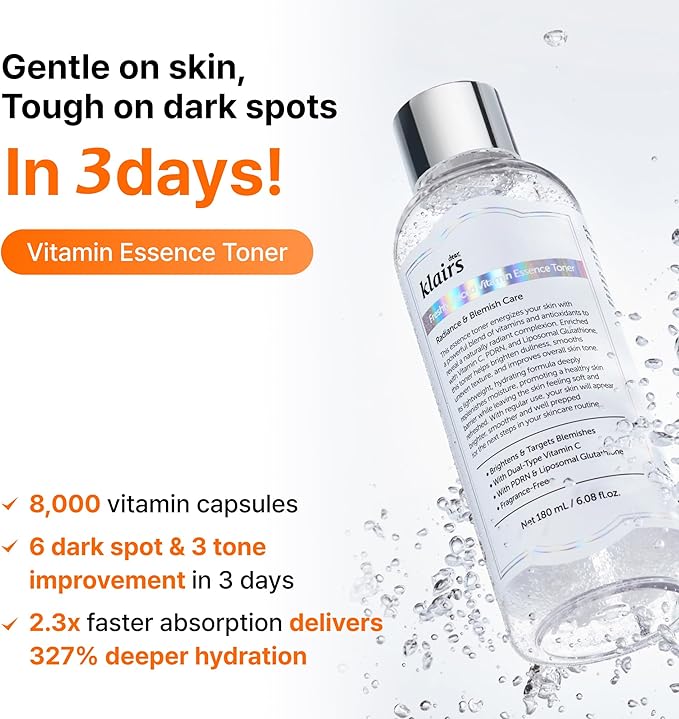 DearKlairs Freshly Juiced Vitamin C Toner with Vegan PDRN and Niacinamide, 6-Layer Dark Spot Care, Non-Sticky Fragrance Free Essence Toner for Sensitive Skin, 6.08 Fl Oz