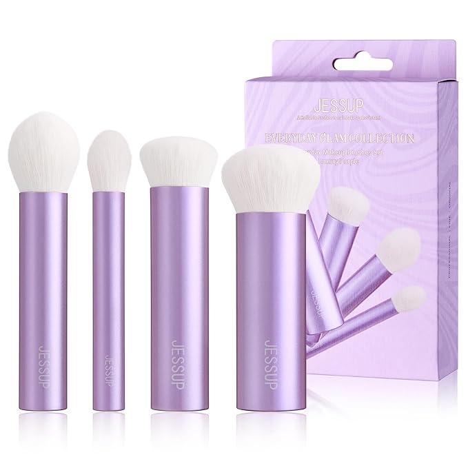 Jessup 4pcs Essential Face Brush Set, Kabuki Brushes for Foundation Contour Blush & Highlighter, Ultra-Soft Synthetic Fiber, Cruelty-Free, Perfect for Clean Girl Look, Luxury Purple T517