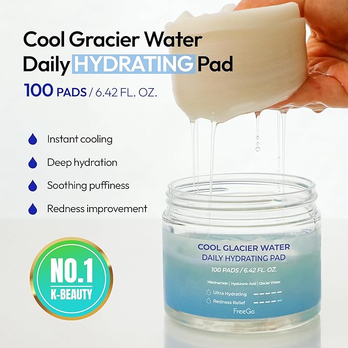 FreeGo Cool Glacier Water Daily Hydrating Pad (100 Pads), K-Beauty Korean Skincare Facial Toner Pads for Puffy Dehydrated Skin, Instant Cooling Hydration, Korean Skin Care for Dark Spots