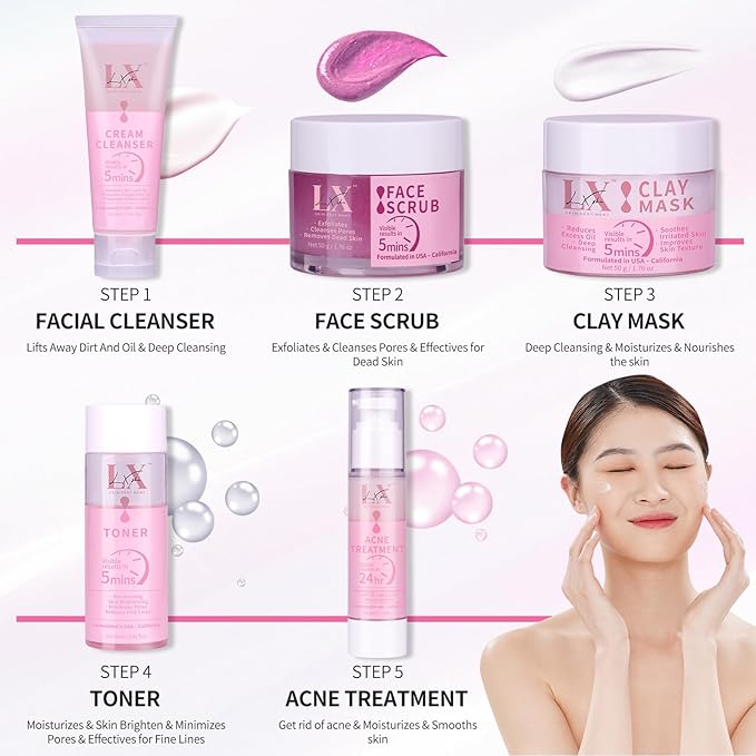 Daily Acne Essentials Kit - 5 Step Facial Skincare Set with Cleanser, Face Scrub, Clay Mask,Toner & Acne Serum, Complete Acne Skin Care Kit, Wash Away Impurities To Reveal Glowing Skin