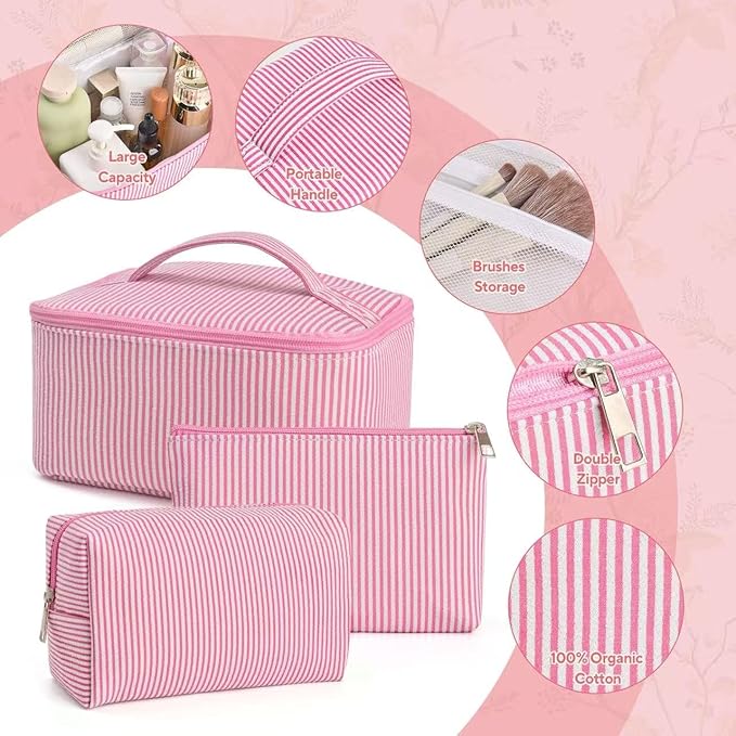 3 Pieces Makeup Bag Set Cute Cosmetic Pouch for Women Seersucker Cosmetic Bag Aesthetic Travel Toiletry Organizer Preppy Small Makeup Purse Pouch Skincare Brushes Storage Organizer for Women (Pink)