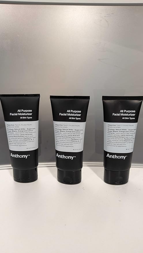 Anthony All-Purpose Facial Moisturizer for Men, Hydrating Lotion for Dry Skin, Lightweight, Non-Comedogenic, Anti-Aging Formula, 3 Fl Oz, Pack of 3