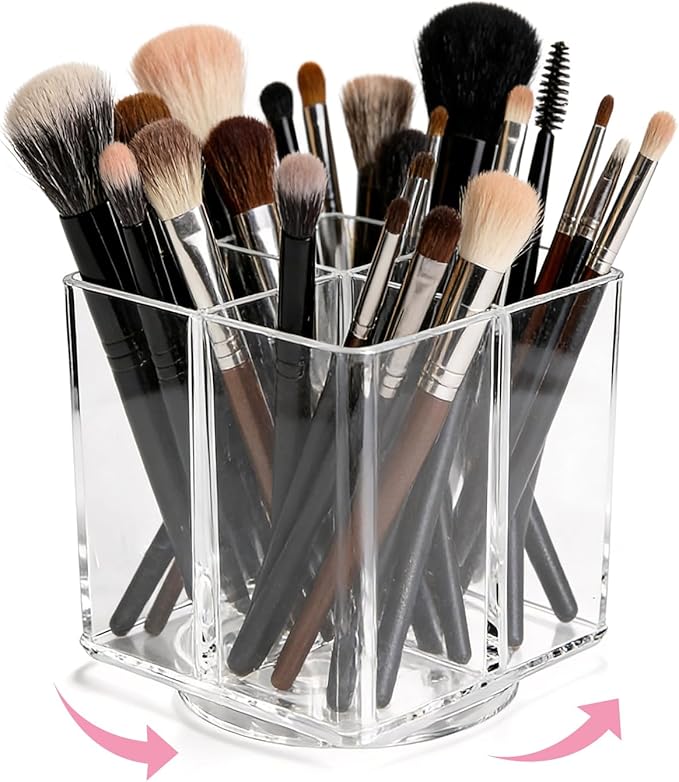 Acrylic Makeup Brush Holder, Clear Rotating Makeup Brush Holder Organizer, 4 Slot Square Make up Brush Stand for Vanity Desk Countertop Bathroom