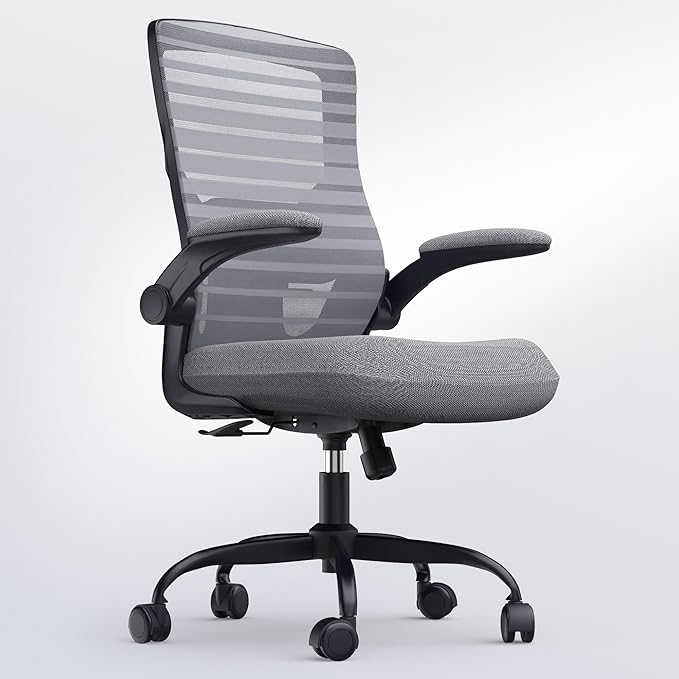 Office Desk Chair for Long Hours & Lower Back Pain Relief – 4“ Thick Molded Foam Cushion, Enhanced Lumbar Support, Padded Flip-up Armrests, Ideal for Office or Study, Dark Gray