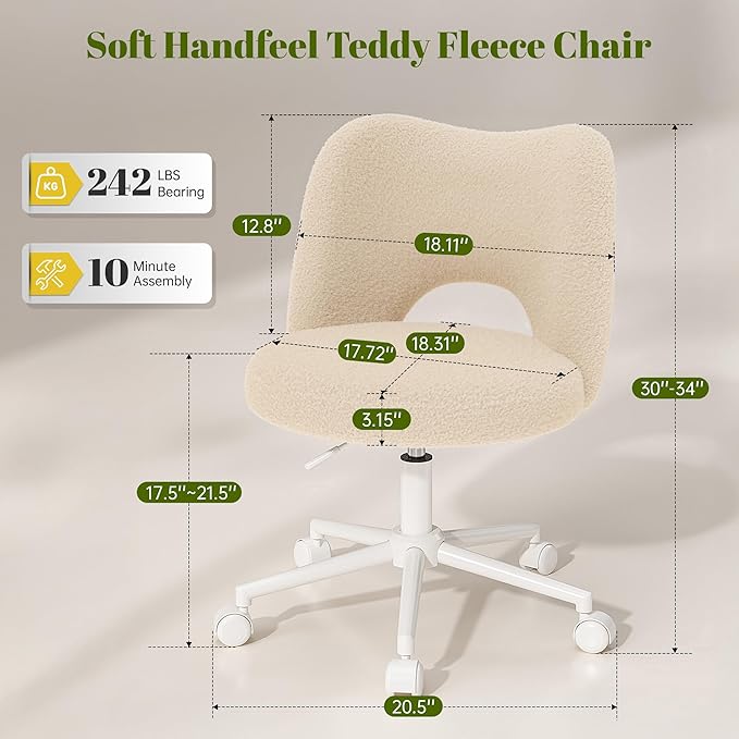 Vanity Chair with Wheels Armless, Cute Vanity Chair with Back,Ultra-Plush Fleece Cute Desk Chair, Small Office Chair Height Adjustable,for Make-up Room,Bedroom,Off-White