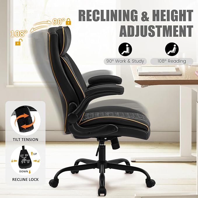 Leather Executive Office Chair, Computer Desk Chair with Lumbar Support, Comfortable Home Office Chairs 400lbs with Padded Flip-up Armrests, Height Adjustable, Tilting Function, Black