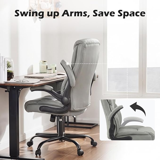 DUMOS PU Leather Office Chair - Ergonomic Executive Computer Desk Chairs with Adjustable Flip-up Armrest, Swivel Task Chair with Lumbar Support, Strong Metal Base, Grey