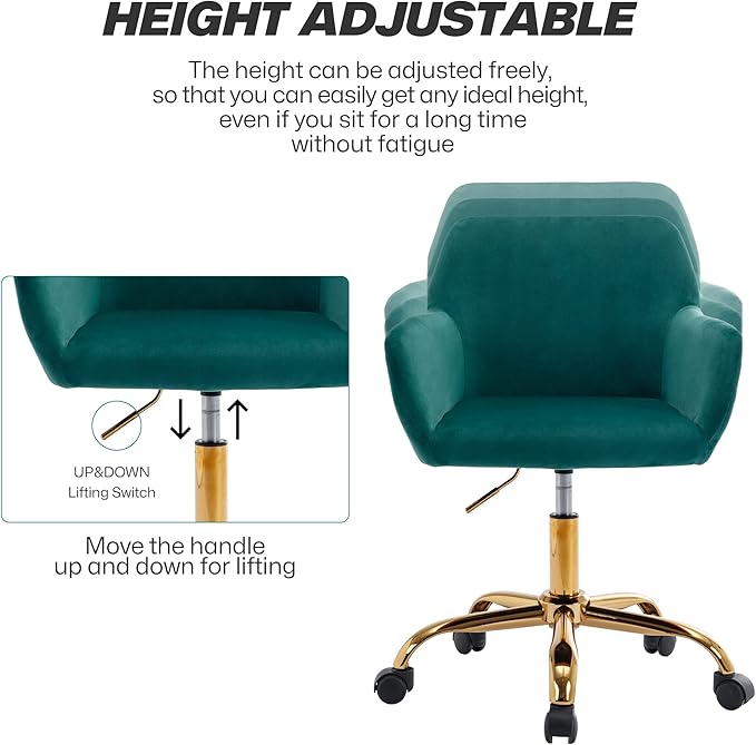 KCC Velvet Office Desk Chair, Comfy Swivel Modern Leisure Armchair with Wheels, Upholstered Comfy Velvet Fabric Makeup Chair Height Adjustable for Teens Women Girls Elegant Home Office, Green