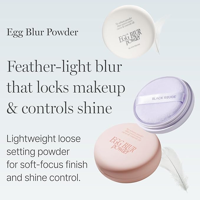 BLACK ROUGE, Egg Blur Powder, EP01 Egg bare, Loose Face Powder, Korean Makeup Oil Control Compact with Puff, Lightweight Long-Lasting Setting Powder in White, Peach & Purple, 0.17oz