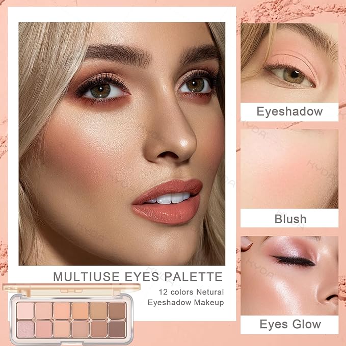 KYDA 12 Colors Netural Nude Eyeshadow Palette with Brush, High Pigment Matte Shimmer Brown Eye Shadow, Netural Eyes Palette for Women, Soft Blendable Powder Eyeshadow, Korean Eyes Makeup