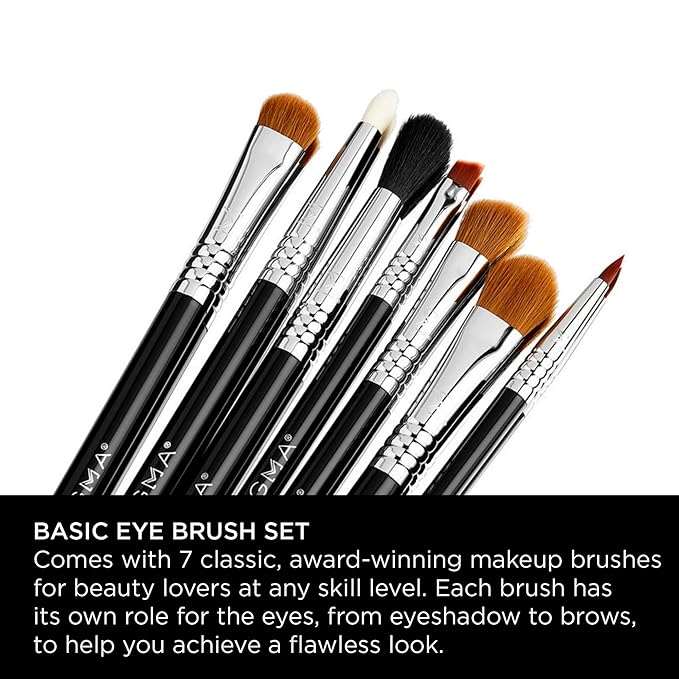 Sigma Beauty Basic Eye Brush Set — Classic Eye Makeup Brushes with Premium Fibers and Sleek, Durable Handles for Eyeliner, Eyeshadow, & Eyebrows, Includes 7 Black Makeup Brushes